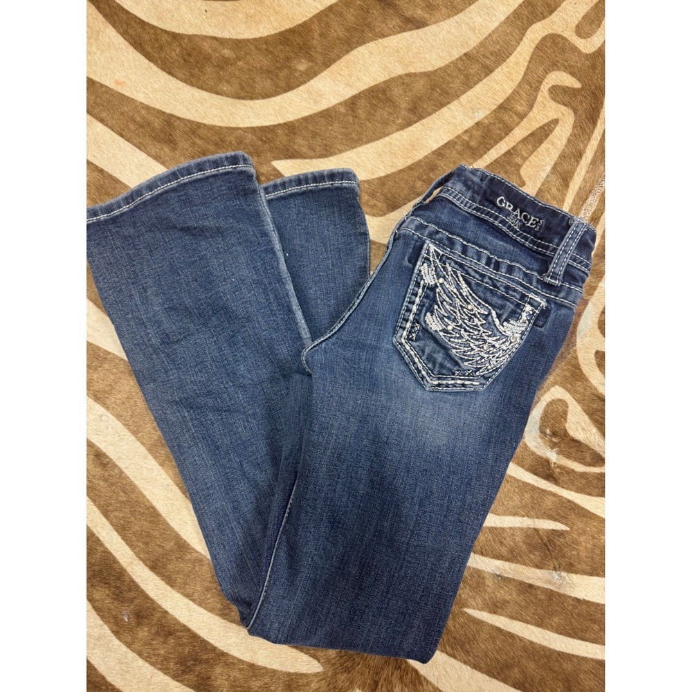 Grace in LA Girls Size 8 Bootcut Jeans Wing‎ Embroidered Sequins Denim
